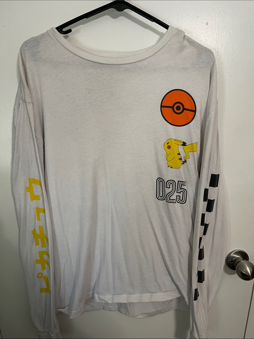 Pokemon 25th White Long Sleeve Tee with Yellow Pikachu & Orange Poké Ball